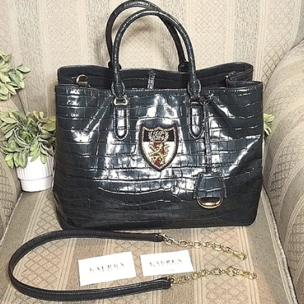 Lauren Ralph Lauren Black Croc-Embossed Patent Satchel with Crest - Picture 16 of 16